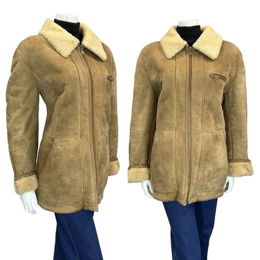 VTG 60S 70S AVIATOR BEIGE SAND SUEDE SHEARLING ZIP UP JACKET W POCKETS 18 20