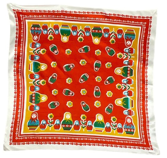 VTG 60S 70S RED WHITE GREEN YELLOW RUSSIAN DOLL matryoshka FLORAL FOLK SCARF