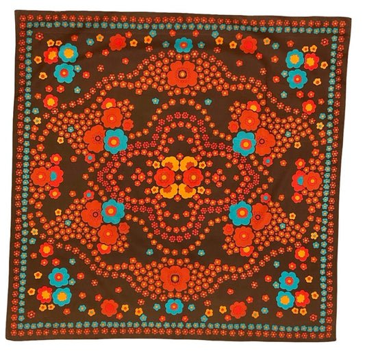 VTG 60S 70S BROWN RED BLUE YELLOW FLORAL MOD PSYCHEDELIC SCARF