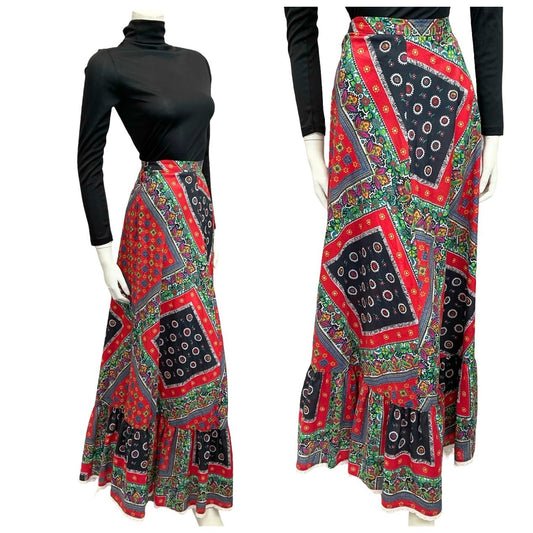 VTG 70S RED BLUE WHITE FLORAL FOLK PSYCHEDELIC PRINT FOLK RUFFLE MAXI SKIRT 10