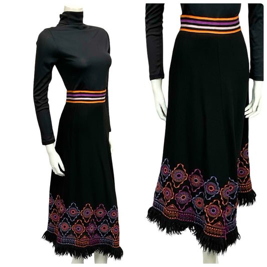 VTG 70S BLACK PURPLE ORANGE HIPPY WOOL FRINGE GEOMETRIC EMBROIDERED SKIRT 6 8