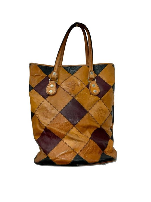 VTG 60S 70S TAN BROWN BLACK BURGUNDY PATCHWORK LEATHER GEOMETRIC SHOPPER BAG