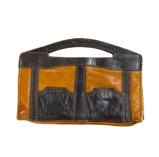 VTG 60S 70S BROWN ORANGE LEATHER MOD GEOMETRIC TWO TONE HANDBAG CLUTCH BAG