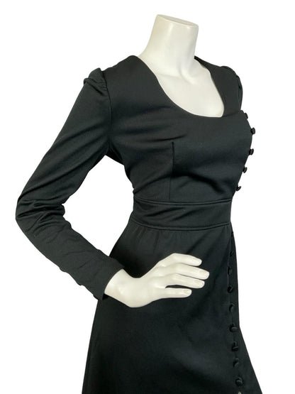 VTG 60S 70S MONOCHROME MOD BLACK EMPIRE ASYMMETRIC SLIT MAXI DRESS 10 12