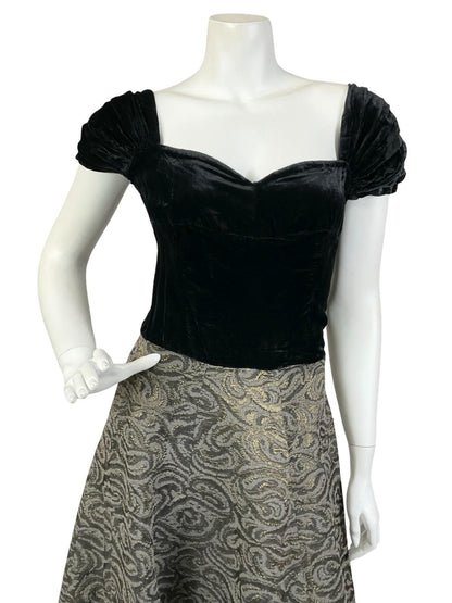 VTG 60S BLACK VELVET SWEETHEART BROWN BRONZE SWIRL SWING MAXI DRESS 10