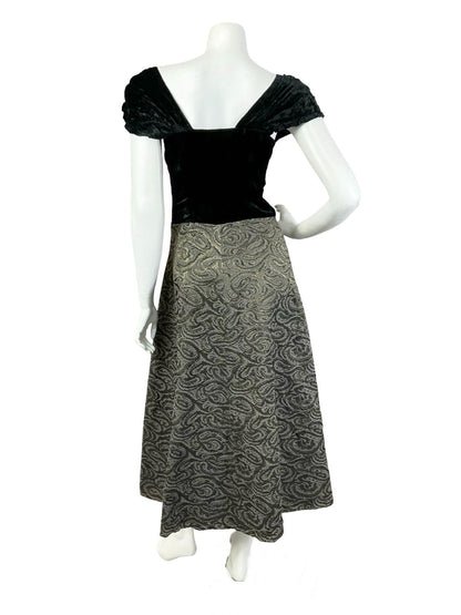 VTG 60S BLACK VELVET SWEETHEART BROWN BRONZE SWIRL SWING MAXI DRESS 10