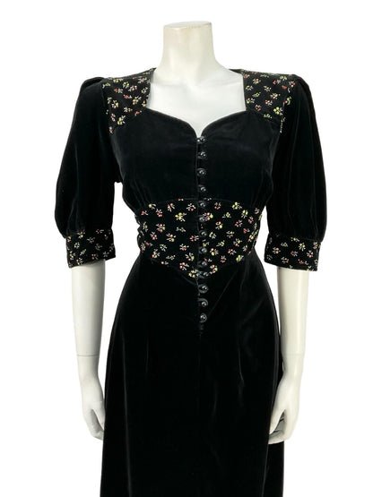 VTG 60S 70S BLACK WHITE GREEN RED VELVET FLORAL PUFF SLEEVE PRAIRIE DRESS 8 10 S