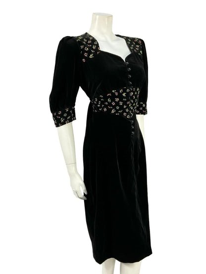 VTG 60S 70S BLACK WHITE GREEN RED VELVET FLORAL PUFF SLEEVE PRAIRIE DRESS 8 10 S