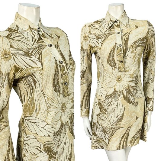 Mannequin wears a vintage 60s 70s beige and gold floral lurex long sleeve tunic shirt / super mini dress. 