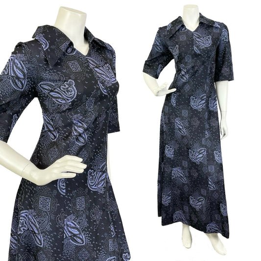 Mannequin wears a blue and black Paisley short sleeve maxi shirt dress. 