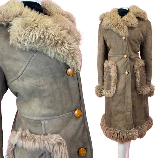 VTG 60s 70s LIGHT BROWN SUEDE LEATHER SHEARLING FUR COLLAR BOHO PENNY COAT 14 16